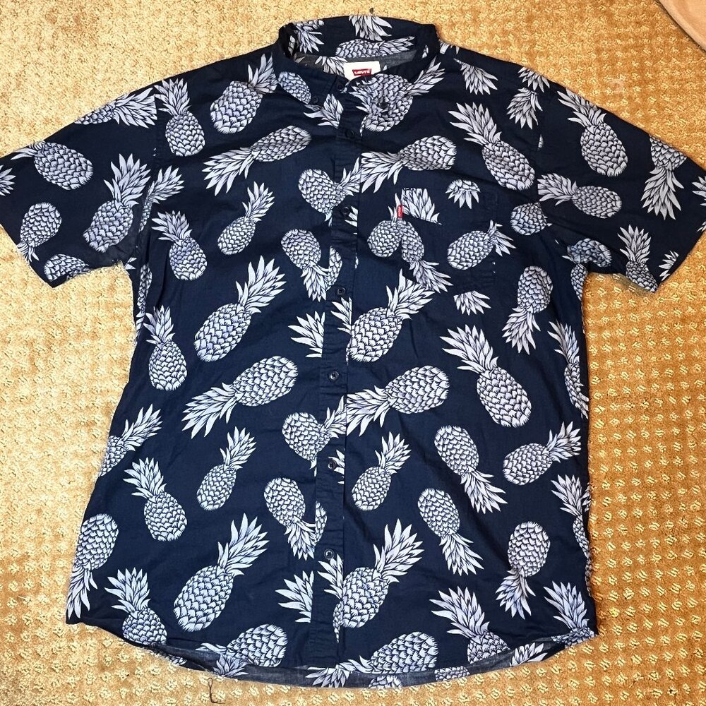Levis Mens Hawaiian Shirt XL Navy Blue Pineapple All Over Print Short Sleeve Top